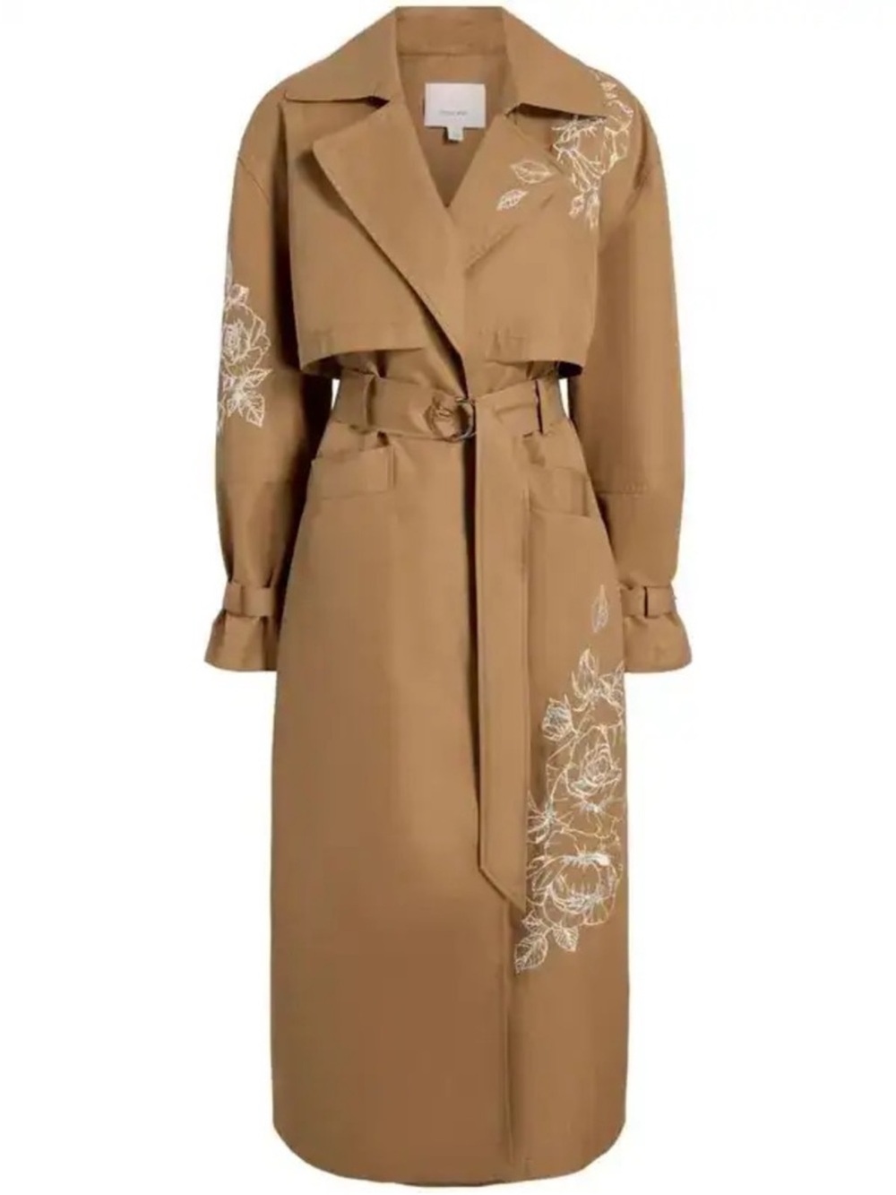 NWT cinq a sept Camel Trench Coat with Silver Floral Embroidery